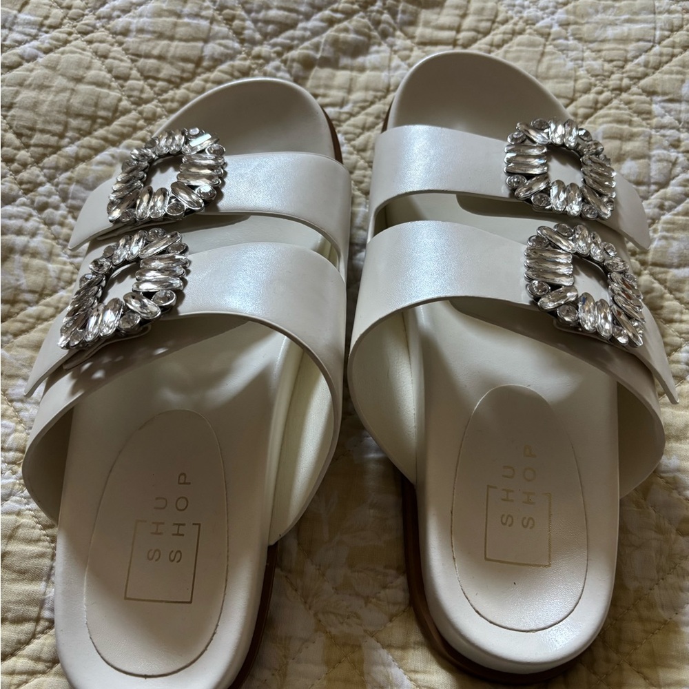 ShuShop Women's Ivory Slide Sandals with Gem Buckles